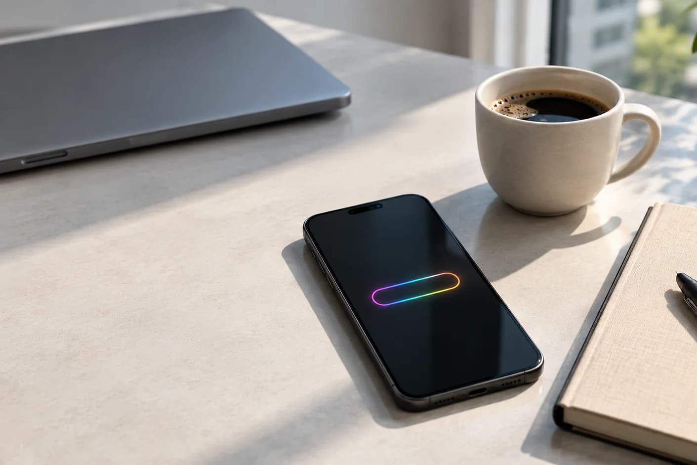 A phone showing Podomodo's rainbow capture field on a sunlit desk, next to a coffee, a notebook and a laptop