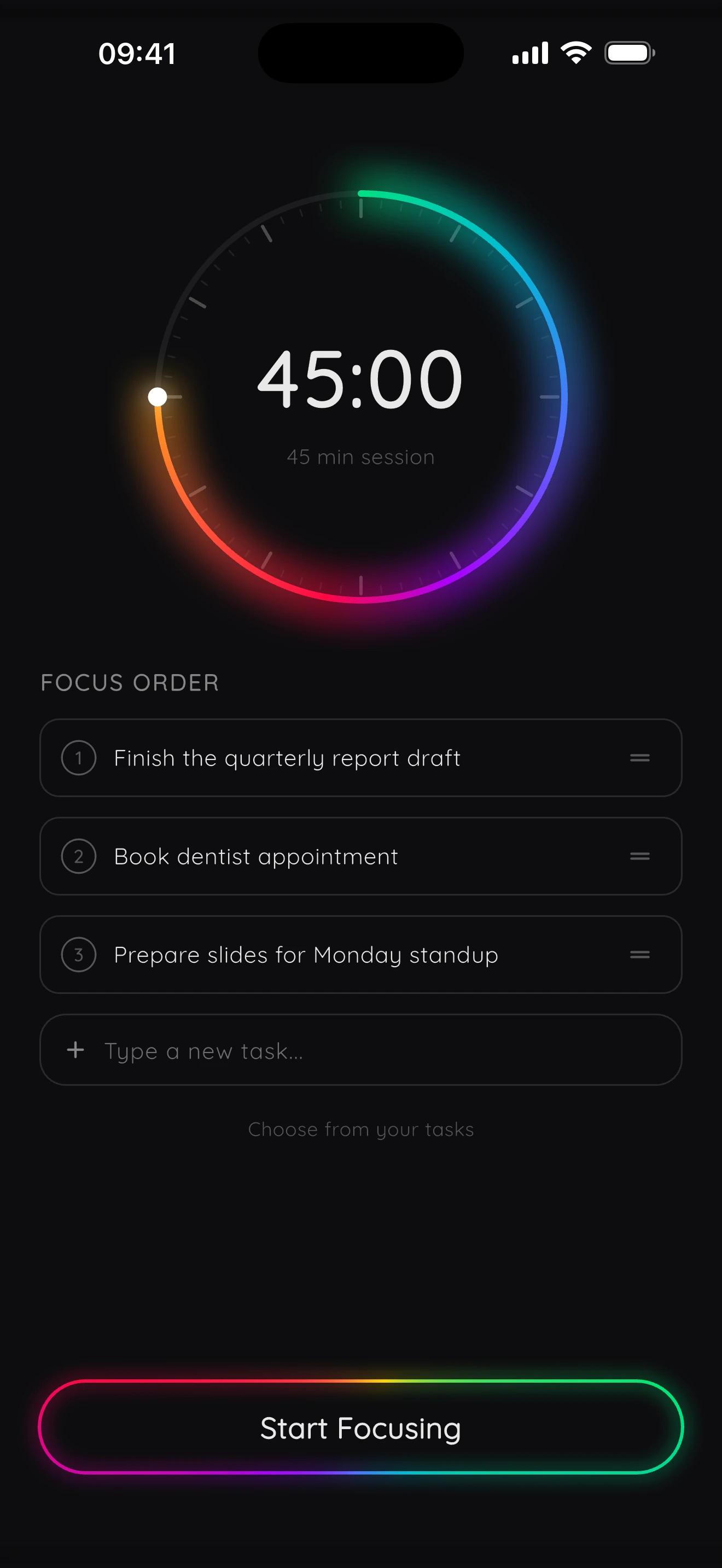 Focus timer at 45 minutes with three tasks in focus order