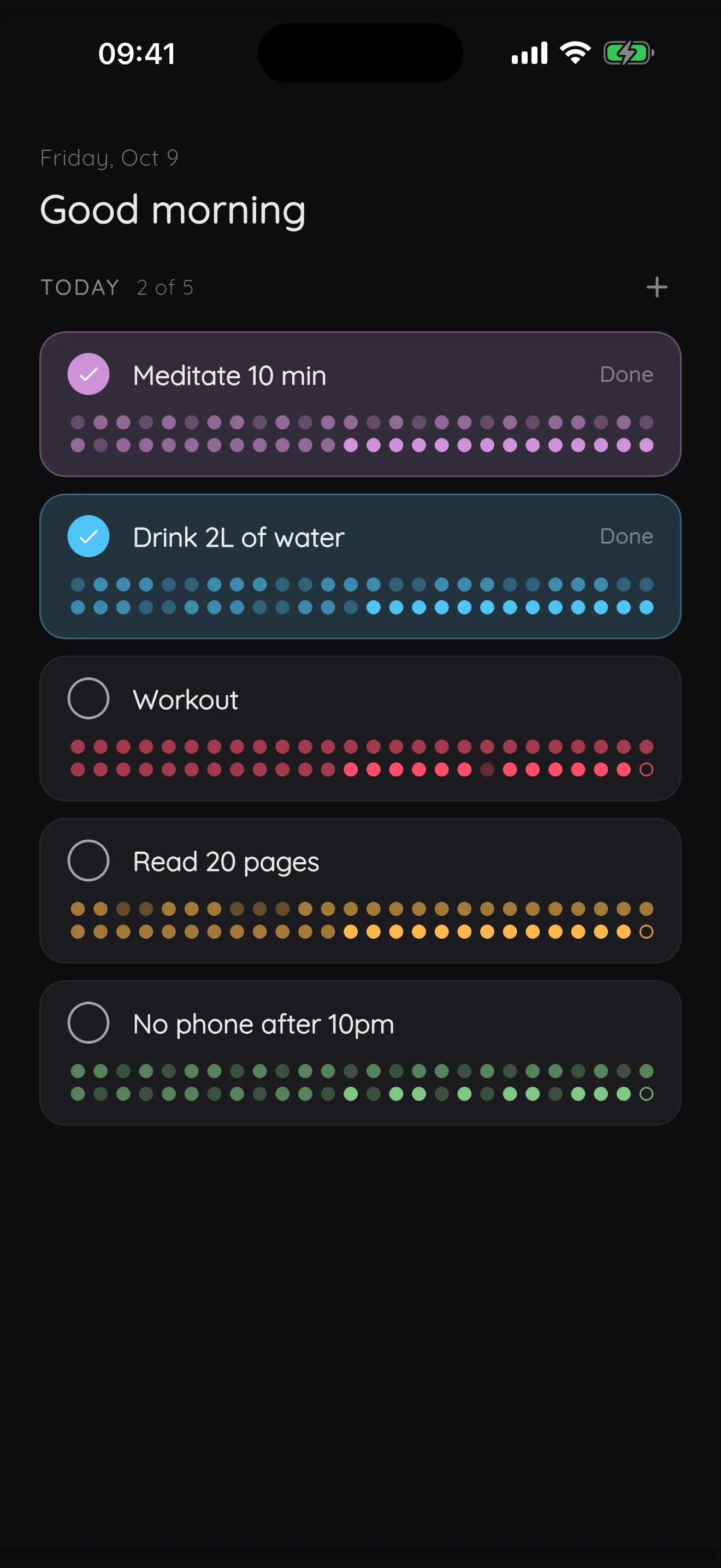 Habit tracker with a color and dot history for each habit