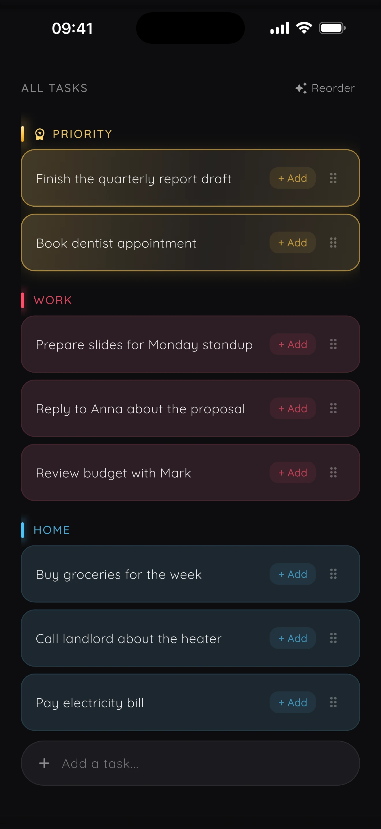 Podomodo task list with a gold Priority group and tasks sorted into Work and Home