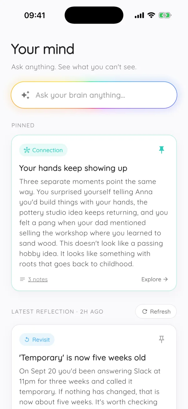 Modopodo Mind screen: Ask your brain field, a pinned insight called Your hands keep showing up, and the latest reflection