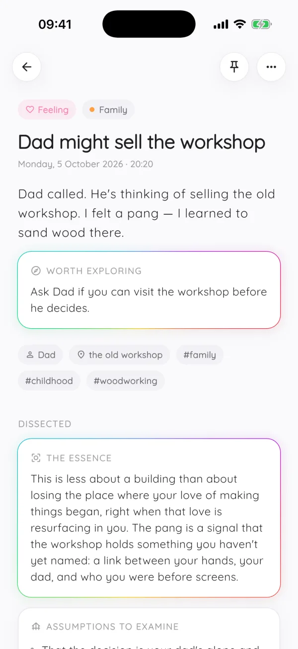 A dissected note: Dad might sell the workshop, with a worth-exploring prompt, people and tags, and the essence of the thought
