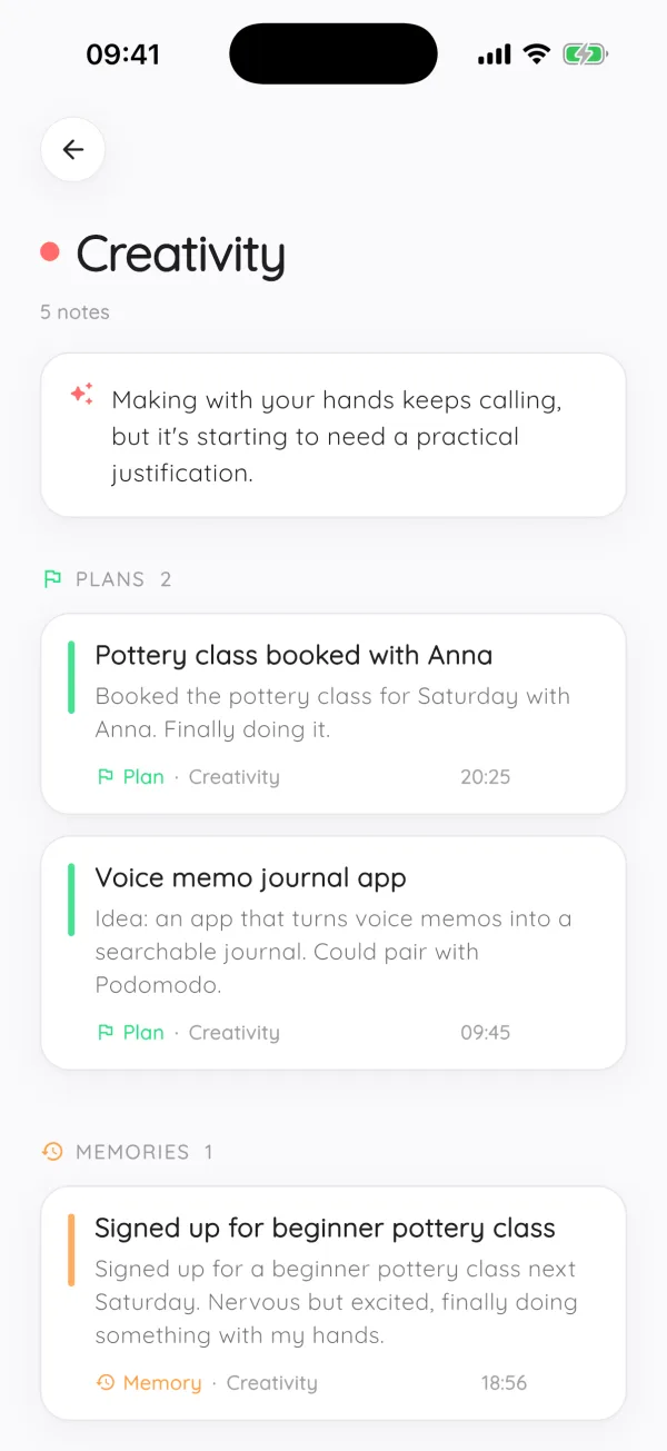 The Creativity theme page with its AI summary and notes grouped into plans and memories